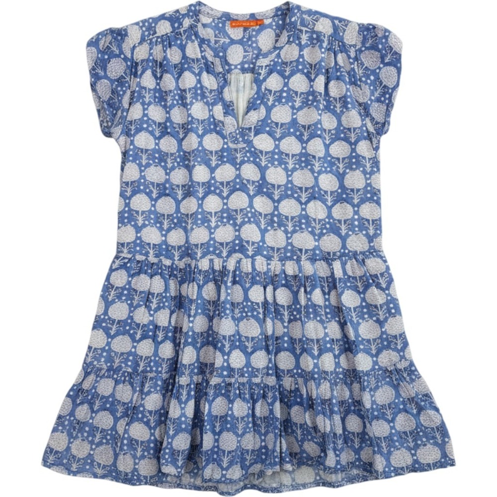Oliphant Blue White Block Print Floral Tiered Cotton Mini Dress XL Pockets Lined